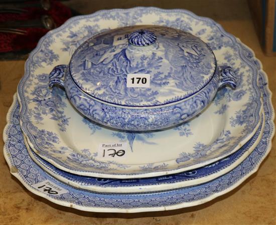 Blue & white platters and a tureen